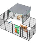 Hassle Free Quick Setup Dog Playpen With Detachable Sun Shade For Road Trips, 40 Inch Tall outdoor pet enclosure with dogs.
