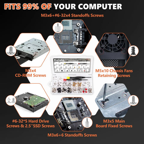 Heavy Duty 167 Piece Computer Screw Kit With M.2 NVMe SSD Hardware showing various screws and standoffs for PC building and repair.