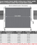 Diagram of cordless exterior patio roller shade dimensions including fabric and blind width, shows hanging mechanism.