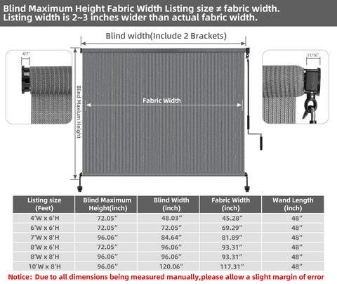 Diagram of cordless exterior patio roller shade dimensions including fabric and blind width, shows hanging mechanism.