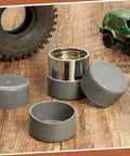 4 Pack Road Ready Rubber Trailer Bearing Dust Caps And Bearing Bras, 1.98 Inch Wheel Hub Covers For Boat Trailers, gray caps on wooden surface.