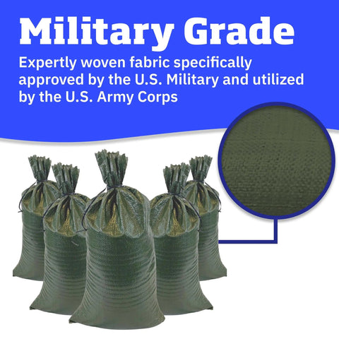 Heavy Duty Sand Bags With Tie Strings For Flood Control, Woven Polypropylene Construction, UV Protected, shown with military use label