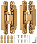 Hidden Door Hinges 6 Inch Heavy Duty Concealed Invisible 3 Way Adjustable 180 Degree Gold Two Pack With Screws Caps And Hex Wrench