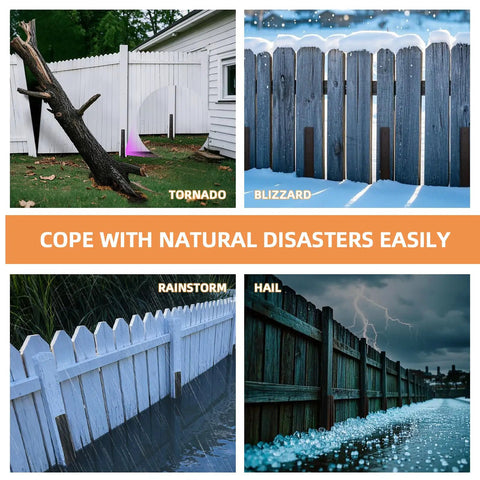 Fence with Fence Post Repair Kit For Leaning Or Broken 4x4 And 6x6 Posts, Heavy Duty, Adjustable Angle installed, enduring natural disasters