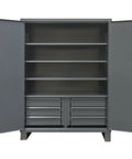 Extra Heavy Duty Welded Steel Storage Cabinet With Adjustable Lockable Shelves Built Damn Tough For Garage Workshop Setup One Thousand Three Hundred Pound Load Capacity Twenty Four By Seventy Two By Seventy Eight Inches, opened with shelves and drawers visible.