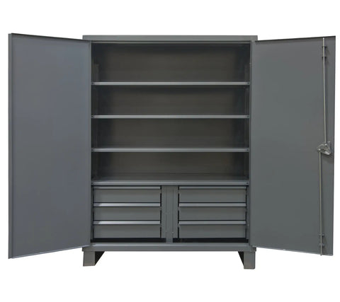 Extra Heavy Duty Welded Steel Storage Cabinet With Adjustable Lockable Shelves Built Damn Tough For Garage Workshop Setup One Thousand Three Hundred Pound Load Capacity Twenty Four By Seventy Two By Seventy Eight Inches, opened with shelves and drawers visible.