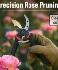 8 Inch Pruning Shears For Garden Use With Titanium Blade cutting rose shielded by glove in garden