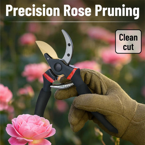 8 Inch Pruning Shears For Garden Use With Titanium Blade cutting rose shielded by glove in garden