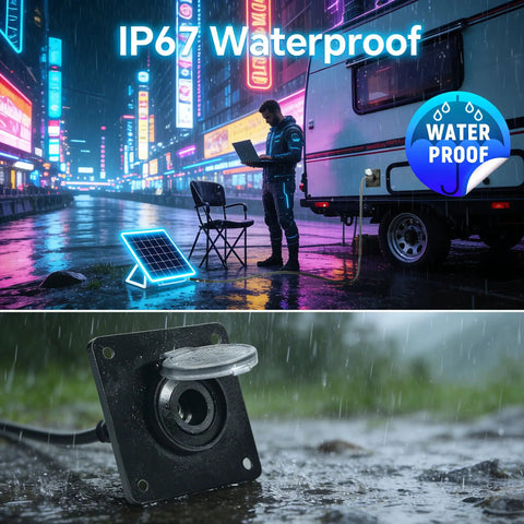 Aluminum Wall Pass Through Kit For RV And Boat Waterproof 12V 5A 60W DC Female Socket Connector in rainy city scene