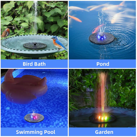 Solar Powered Fountain Pump For Bird Bath And Garden Ponds With Upgraded Glass Panel, 7 Nozzles, Colorful LED Lights