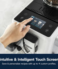 One Touch Automatic Espresso Machine With Integrated Grinder And Smart Milk Frother In Sleek White Delivers Eighteen Shop Quality Shots That Truly Hit Different Every Day showing intuitive touchscreen with user selecting options.
