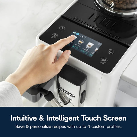 One Touch Automatic Espresso Machine With Integrated Grinder And Smart Milk Frother In Sleek White Delivers Eighteen Shop Quality Shots That Truly Hit Different Every Day showing intuitive touchscreen with user selecting options.