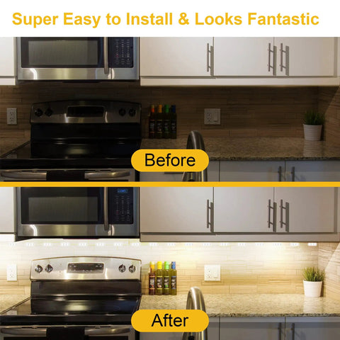 Before and after kitchen cabinet lighting with Flexible Jewelry Display Lighting For Showcases 10 Foot LED Strip In Bright White 6000K.