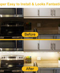 Before and after installation of Adhesive LED Light Strip Kit For Display Cases, 14Ft Flexible Jewelry Showcase Lighting in kitchen.