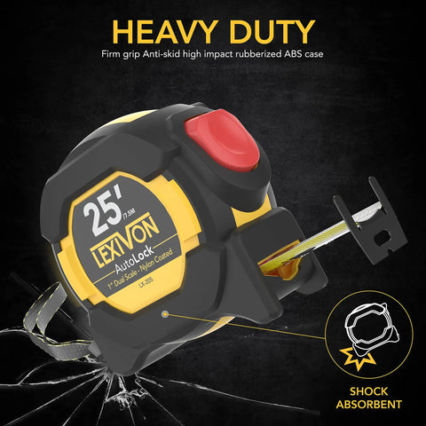 AutoLock Tape Measure 25 Feet 7 And A Half Meters With 1 Inch Nylon Coated Blade and ABS Case displayed on shattered surface.