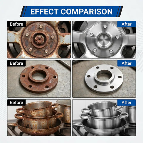 Effect comparison of Wheel Hub And Brake Cleaning Tool Kit, 22 Pc Set removing rust and debris from hubs, rotors, and pots.