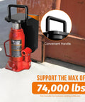 DEEAGLE shipping container jack lug with U-shaped handle attached to a red hydraulic bottle jack