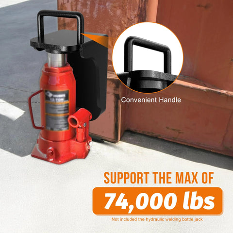 DEEAGLE shipping container jack lug with U-shaped handle attached to a red hydraulic bottle jack