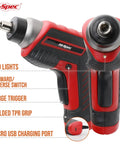Close-up of red 3.6V USB electric screwdriver showing LED lights, switch, and charging port from Red 35 Piece Tool Kit With 3.6V USB Electric Screwdriver And Drill Set