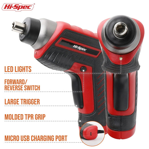 Close-up of red 3.6V USB electric screwdriver showing LED lights, switch, and charging port from Red 35 Piece Tool Kit With 3.6V USB Electric Screwdriver And Drill Set