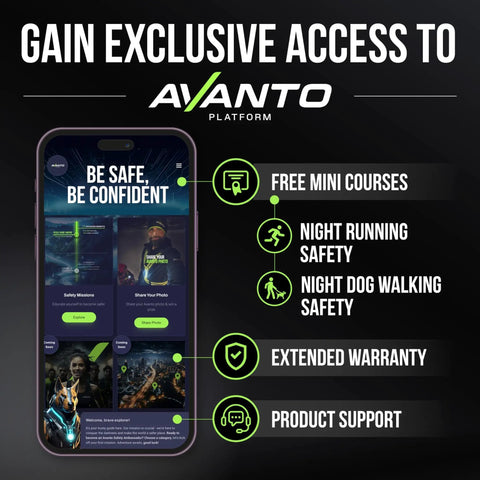 Avanto platform app on phone screen with features for night running safety and dog walking, promoting Chest Light For Night Running And Walking USB C Rechargeable 500 Lumen Adjustable Beam Hands Free Safety Light Be Seen On Every Night Run Through Streets And Trails For Three To Five Hours Of Use Yellow.