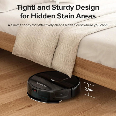 Robot Vacuum And Mop Combo With 5200Pa Suction No-Fuss Cleaning Settings shown cleaning under a low bed, highlighting its slim design.