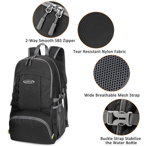 40L Lightweight Packable Hiking Backpack With Wet Pocket Waterproof Daypack showing zippers, tear-resistant fabric, and mesh straps