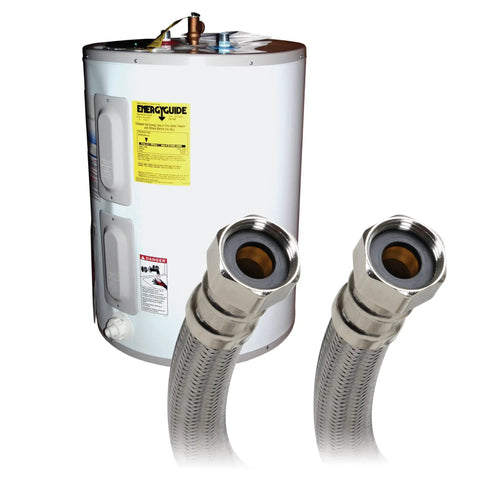 Braided Stainless Steel Water Heater Connector 24 Inch With Polymer Core and Heavy Duty Brass Hex Nuts shown with water heater