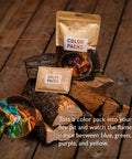 Color Changing Fire Packets For Fire Pit Ten Pack Of Colorful Flames Displayed on Wooden Logs