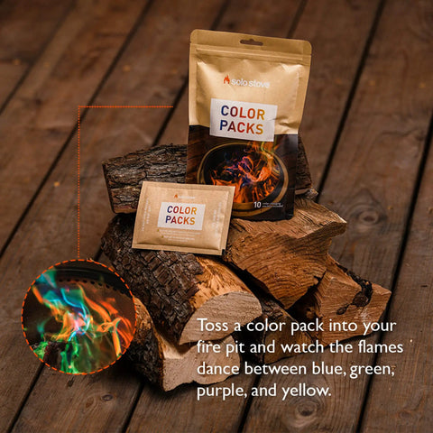Color Changing Fire Packets For Fire Pit Ten Pack Of Colorful Flames Displayed on Wooden Logs