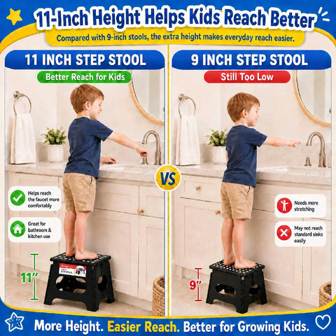 Child using Folding Step Stool 11 Inch Non Slip Lightweight Plastic Sturdy Collapsible Foot Stool Heavy Duty Supports 300 Lbs Ideal for Kitchen
