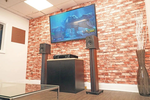 Pair 36 Inch Speaker Stands Built To Last With 100 Lb Capacity, Fixed Height, Cable Management in home theater setup