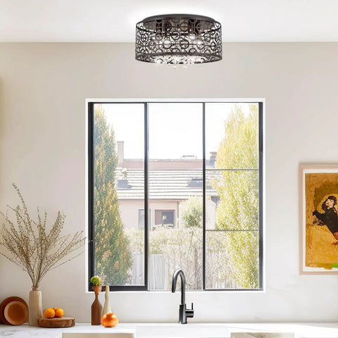 Brielle 15 Inch Modern Crystal Drum Flush Mount Ceiling Light With Cascading Crystals in kitchen.