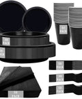Fresh Black Disposable Plates 350 Piece Heavy Duty Food Grade Plastic Party Essentials For Weekend Ragers And Halloween Parties set including plates, cups, cutlery, napkins in 50 pack.