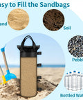 Four Heavy Duty Sand Bags For Canopy And Gazebo Legs Extra Large 6 By 20 Inch Sand Bags shown with filling options and shovel.