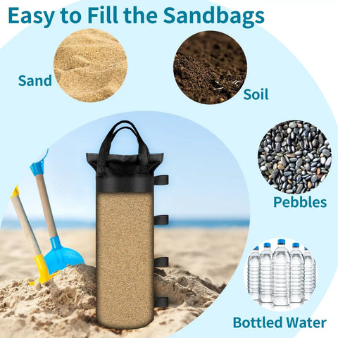 Four Heavy Duty Sand Bags For Canopy And Gazebo Legs Extra Large 6 By 20 Inch Sand Bags shown with filling options and shovel.