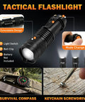 Tactical flashlight with extendable design, survival compass, and keychain screwdriver for Survival Gear Kit for Men With 27 In 1 Complete Tools and Camping Accessories For Hiking Fishing And Emergency Situations Tactical Outdoor Pack Built For Real World Use Featuring Axe Fire Starter Compass Flashlight Emergency Blanket And More.