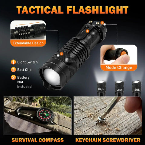 Tactical flashlight with extendable design, survival compass, and keychain screwdriver for Survival Gear Kit for Men With 27 In 1 Complete Tools and Camping Accessories For Hiking Fishing And Emergency Situations Tactical Outdoor Pack Built For Real World Use Featuring Axe Fire Starter Compass Flashlight Emergency Blanket And More.