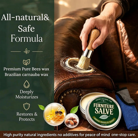 Applying Heavy Duty Furniture Salve For Wood And Leather Polish Conditioner on leather couch with brush for restoration.