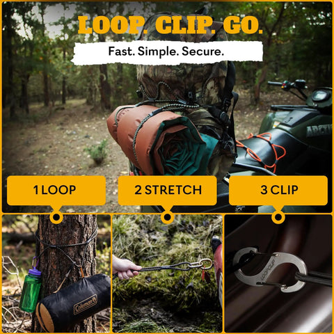 Hunter Pack Heavy Duty Bungee Cord Set With Patented Adjustable Multi Loop Tie Down System in use on ATV, camping scene
