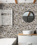 Modern bathroom with Arabesque Peel And Stick Backsplash Tile For Kitchen And Bathroom Carrara White Marble Look PVC Aluminum Mosaic Sheets