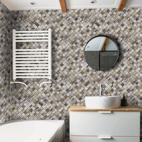 Modern bathroom with Arabesque Peel And Stick Backsplash Tile For Kitchen And Bathroom Carrara White Marble Look PVC Aluminum Mosaic Sheets