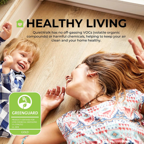 Top Tier Floating Floor Underlayment 200 Square Foot Roll With Hella Punchy Sound Dampening And Knockout Moisture Shield Sweetly Crafted For Laminate And Hardwood Floors Featuring 3Mm Density And Recycled Build Made Right Here In Usa with a mother and child on a wood floor.