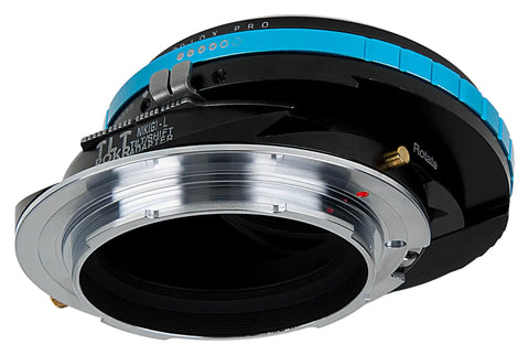 Tilt Shift Lens Mount Adapter From Nikon F To L Mount Mirrorless Cameras With 10 Degree Off Axis Tilt 20mm Shift 360 Degree Rotation All Metal Construction For Precise Rock Solid Performance With Vintage Lenses, black and silver metal adapter