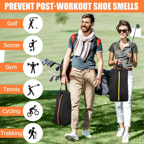Couple carrying Smell Proof Shoe Bag For Travel And Gym Odor Blocking Waterproof Golf Kicks Bag with zip on golf course