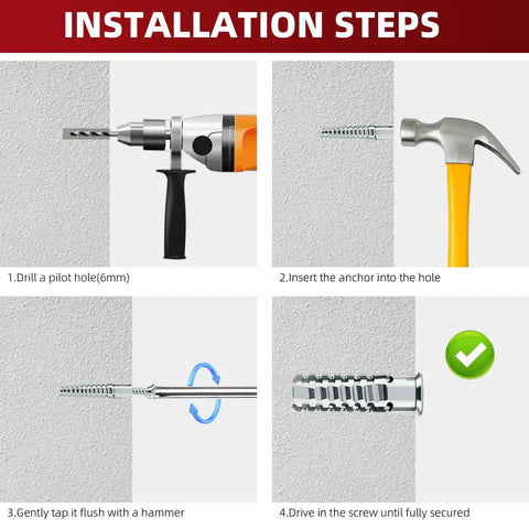 Installation steps for Heavy Duty Door Hinge Repair Screws With Expanding Drywall Anchors, featuring drill, anchor insertion, and hammer use.