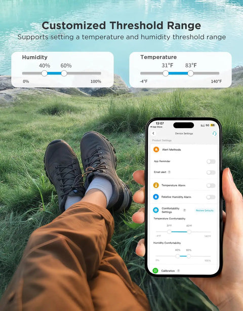 Smartphone app displaying settings for 2-In-1 Indoor Outdoor Thermometer Hygrometer With IP65 Waterproof Rating, Digital Display, 197 Feet Bluetooth.