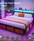 Sturdy King Size Platform Bed Frame With Handy Storage Headboard And Three Silent Glide Roll Away Drawers in a modern bedroom.
