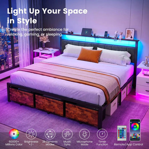 Sturdy King Size Platform Bed Frame With Handy Storage Headboard And Three Silent Glide Roll Away Drawers in a modern bedroom.