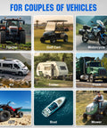 Grid showing various vehicles including a tractor, golf cart, motorcycle, RV, trailer, truck, ATV, boat, and mower.